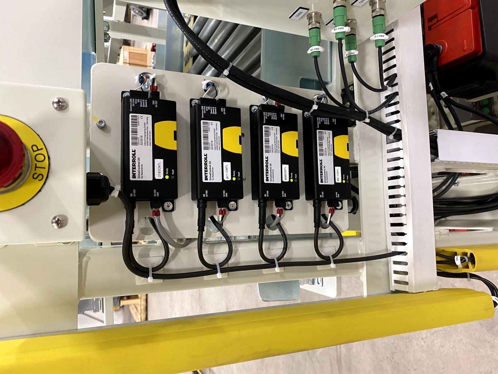 Interroll DriveControl 20 roller drives wired on the shuttle frame